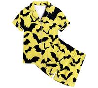 Pigiama giallo Top Halloween per ragazze con dolce stampa a pipistrello, pantaloncini a maniche corte, biancheria da notte, comodo per il tempo libero per bambine e bambine, pigiama corto 98, giallo