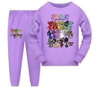 Pigiama Girocollo in Cotone per Bambini, sprunki con Stampa Cartoon, Homewear per Bambini Piccoli e Medi, Maniche Lunghe e Pantaloni,Viola,150cm