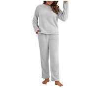 Pigiama in pile da donna, 2 pezzi, biancheria da notte da donna, a maniche lunghe, con maglietta e pantaloni in pile felpato, termico, invernale, tinta unita, con tasca, set casual da casa, Grigio, M