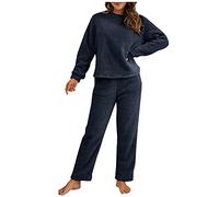 Pigiama in pile da donna, 2 pezzi, biancheria da notte da donna, a maniche lunghe, con maglietta e pantaloni in pile felpato, termico, invernale, tinta unita, con tasca, set casual da casa, Blu scuro