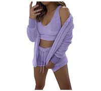 Pigiama in pile da donna a maniche corte 3 pezzi - Sexy pigiama intimo solido con scollo a U, crop top e pantaloncini alti con cardigan aperto, abito da casa invernale caldo da allenamento