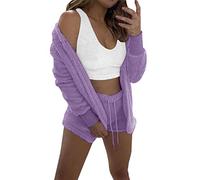 Pigiama in pile da donna corto 3-pezzi - Fofo abito da casa sexy tinta unita con scollo a U, top crop e pantaloncini alti e cardigan aperto, abito da salotto invernale caldo (Z0AA-PP1, S)
