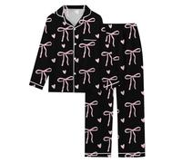 Pigiama in raso da donna, set di pantaloni, due pezzi, da donna, sexy, maniche lunghe, con risvolto, casual, stampato, con camicia a bottoni, pantaloni larghi e comodi da babydoll Sleepwear