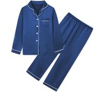 Pigiama in raso per bambini Umeyda, set da 2 pezzi a maniche lunghe, con bottoni, per bambini, blu navy, taglia 4-5 anni = Tag 120