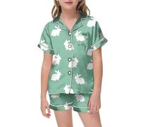 Pigiama in Seta per Bambini Raso Manica Corta Biancheria da Notte 2 Pezzi Completo con Bottoni Set Salotto Ragazze e Ragazzi