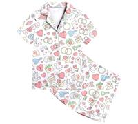 Pigiama in Seta per Bambini Raso Manica Corta Biancheria da Notte 2 Pezzi Set Top con Elastico Vita, Pantaloni Lunghi Bottoni Classico Loungewear Abbottonato
