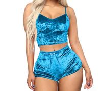 Pigiama in velluto da donna con scollo a V, senza maniche, 2 pezzi (blu lago, 2XL)