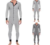 Pigiama intero da uomo, tuta intera da uomo, a maniche lunghe, intimo, con bottoni, traspirante, morbido, leggero e confortevole, abbigliamento classico per la casa, Grigio, XL