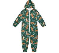 Pigiama intero in flanella con cappuccio e cerniera, tuta coordinata per bambini, motivo animale, cucciolo e gatto, morbida e calda, abbigliamento sportivo per la casa, 5-6T, Volpe 037, 12-13 Years