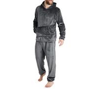 Pigiama invernale da uomo, set di due pezzi, composto da una felpa con cappuccio e maniche lunghe foderata in pile e pantaloni, abbigliamento casual da casa, grigio, L