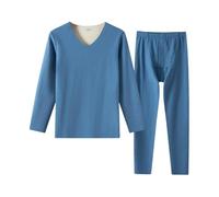 Pigiama invernale lungo da uomo, due pezzi, a girocollo, comodo, pantaloni da notte con tasca, morbidi indumenti da notte per le giornate fredde, Blu 2, L