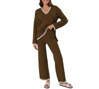 Pigiama Leggero Donna Pigiama Donna Raso Lungo Set da 2 Pezzi per Le Donne 2024 Outfit Autunnali Tute alla Maglione Lavorato A Maglia con Scollo A V Set da Sanitario Brown L