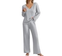 Pigiama lungo da donna, comodo set da casa per autunno/inverno, traspirante, casual, per dormire e per il tempo libero, morbido set da due pezzi, 03 Grigio., L
