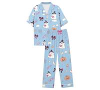 Pigiama lungo da donna con stampa a maniche lunghe, per Halloween, blu | Set da notte per le vacanze di Halloween, pigiama con stampa completa, pigiama morbido e traspirante, con scollo a V