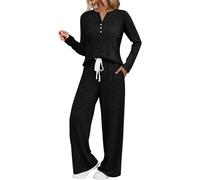 Pigiama lungo da donna, in cotone, comodo da loungewear in due pezzi, a maniche lunghe, per la casa, il soggiorno, la casa, Nero , XL