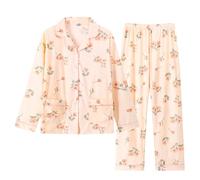 Pigiama lungo da donna, in cotone, con scollo a V, per tutte le stagioni, Colore: rosa., XL