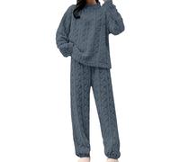 Pigiama lungo da donna, in flanella, per l'inverno, in due pezzi, a maniche lunghe, in peluche, per ogni notte, Celeste., Taglia unica