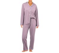 Pigiama lungo da donna, tinta unita, biancheria da notte, 2 pezzi, scollo a V, maniche lunghe, vestibilità comoda, morbida, per il tempo libero, comfort