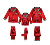 Pigiama natalizio abbinato per la famiglia in raso setoso Set di pigiama natalizio per immagini Indumenti da notte con bottoni camicia e pantaloni Set natalizio Loungewear Holiday Nightwear, Rosso-1
