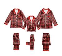 Pigiama natalizio abbinato per la famiglia in raso setoso Set di pigiama natalizio per immagini Indumenti da notte con bottoni camicia e pantaloni Set natalizio Loungewear Holiday Nightwear, Rosso-3