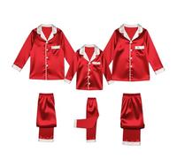 Pigiama natalizio abbinato per la famiglia in raso setoso Set di pigiama natalizio per immagini Indumenti da notte con bottoni camicia e pantaloni Set natalizio Loungewear Holiday Nightwear, Rosso, 6