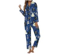 Pigiama natalizio da donna con asola, pantaloni a maniche lunghe, per una serata accogliente a casa, Blu, M