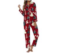 Pigiama natalizio da donna con asola, pantaloni a maniche lunghe, per una serata accogliente a casa, Colore: rosso, S