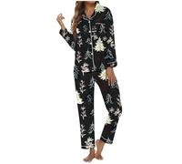 Pigiama natalizio da donna con asola, pantaloni a maniche lunghe, per una serata accogliente a casa, Nero , XXL