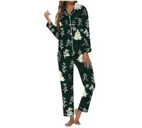 Pigiama natalizio da donna con asola, pantaloni a maniche lunghe, per una serata accogliente a casa, Verde scuro, XXL
