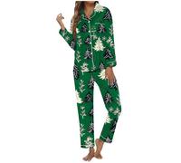 Pigiama natalizio da donna con asola, pantaloni a maniche lunghe, per una serata accogliente a casa, verde, L