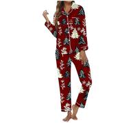 Pigiama natalizio da donna con asola, pantaloni a maniche lunghe, per una serata accogliente a casa, Vino, S