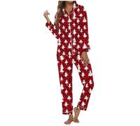 Pigiama natalizio da donna in cotone, set completo di pigiama natalizio, pigiama natalizio con stampa albero di Natale, bottone, tasca, maniche lunghe, pantaloni, pigiama da casa per la stagione