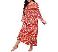 Pigiama natalizio da donna, morbido, grande camicia da notte da donna, taglie forti, a maniche lunghe, caldo, a collo alto, con stampa, Colore: rosso, XXL