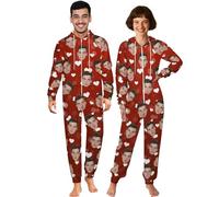 Pigiama Natalizio Personalizzato per Donna e Uomo, Pigiama intero abbinato Personalizzato Pigiama con viso divertente foto, tuta in flanella con cappuccio e cerniera personalizzata per coppie S-4XL