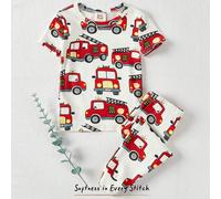 Pigiama neonato maschio 2 pezzi, composto da una maglietta a maniche corte con collo tondo e motivo a cartone animato di automobili, e pantaloni a vita elastica 2Y,3Y,9-12M,12-18M,18-24MFumettoTessuto