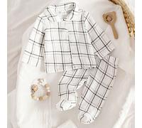 Pigiama neonato - Set pigiama a 2 pezzi, motivo a quadri, collo alla coreana, maniche lunghe, pantaloni con piedini, bottoni anteriori, colore neutro crema bianco, adatto per tutte le stagioni, legger