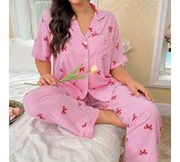 Pigiama oversize a maniche corte con stampa a righe e fiocco, pantalone lungo, set di abbigliamento da notte, splendore floreale abbondante 0XL,1XL,2XL,3XL,4XLA strisce,Motivo strutturatoTessuto intre