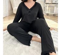 Pigiama oversize da donna con top a maniche lunghe e pantaloni, decorato con pizzo a contrasto e fiocco, abbigliamento per la casa adatto per l'autunno e l'inverno 0XL,1XL,2XL,3XL,4XL,5XLTessuto in ma