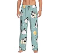 Pigiama, pantaloni da uomo con pinguino, palloncino e fiocco di neve, con tasche e coulisse, Nero , L