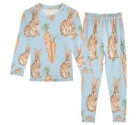 Pigiama per bambini a maniche lunghe con coniglio e carota su blu, in morbido cotone, 2 pezzi, per ragazzi e ragazze, Multicolore, 8 anni