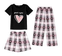 Pigiama per bambini e ragazze, 3 pezzi, maniche corte, girocollo, pantaloni e pantaloncini, abbigliamento per la casa, 2-14 anni, Nero , 3-4 Anni