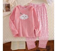 Pigiama per ragazze, morbido rosa, elegante abbigliamento casual da casa, set di top a maniche lunghe e pantaloni con ricami di nuvole, sorrisi e stelle, in tessuto pile, adatto per ragazze pre-adoles