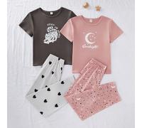 Pigiama per ragazze pre-adolescenti - Set pigiama estivo a 2 pezzi, top a maniche corte girocollo, pantaloni lunghi con stampa di lune, stelle e cuori, due pezzi, leggero e confortevole, ideale per va