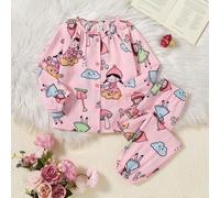 Pigiama per ragazze - Set pigiama a 2 pezzi, set pigiama rosa con principessa a cartoni animati, maniche lunghe, girocollo, pantaloni lunghi, bottoni anteriori, stampa di nuvole e funghi, regalo essen