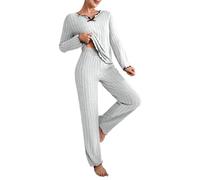 Pigiama Pile Donna Ribbed Pajama Sets for Women Pullover V Neck Long Sleeve Sleepwear Matching Comfy Long Pants Outfits Set Pigiami Famiglia Pigiama Donna Cotone Aperto (Grey, S)
