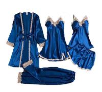 Pigiama Pizzo Donna 5 Pezzi Set Pigiama in Raso con Coppe Vestito dal Canotta Sexy + Vestaglia a Maniche Lunghe + Canotta + Pantaloncini + Pantaloni Pigiama Tinta Unita per Spose Feste di Matrimonio