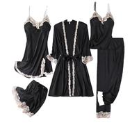 Pigiama Pizzo Donna 5 Pezzi Set Pigiama in Raso con Coppe Vestito dal Canotta Sexy + Vestaglia a Maniche Lunghe + Canotta + Pantaloncini + Pantaloni Pigiama Tinta Unita per Spose Feste di Matrimonio