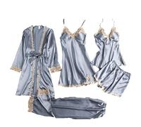 Pigiama Pizzo Donna 5 Pezzi Set Pigiama in Raso con Coppe Vestito dal Canotta Sexy + Vestaglia a Maniche Lunghe + Canotta + Pantaloncini + Pantaloni Pigiama Tinta Unita per Spose Feste di Matrimonio