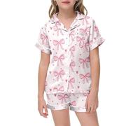 Pigiama Ragazza Completo Seta Raso Manica Corta Biancheria da Notte 2 Pezzi Bambini, a Maniche Corte, Camicia Lunghe, Top e Pantaloni con Bottoni Solido Loungewear per Ragazze Ragazzi