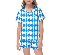 Pigiama Ragazza Completo Seta Raso Manica Corta Biancheria da Notte 2 Pezzi Bambino Ragazze Top con Elastico in Vita, Pantaloni Lunghi Stampa Classico Loungewear per e Ragazzi